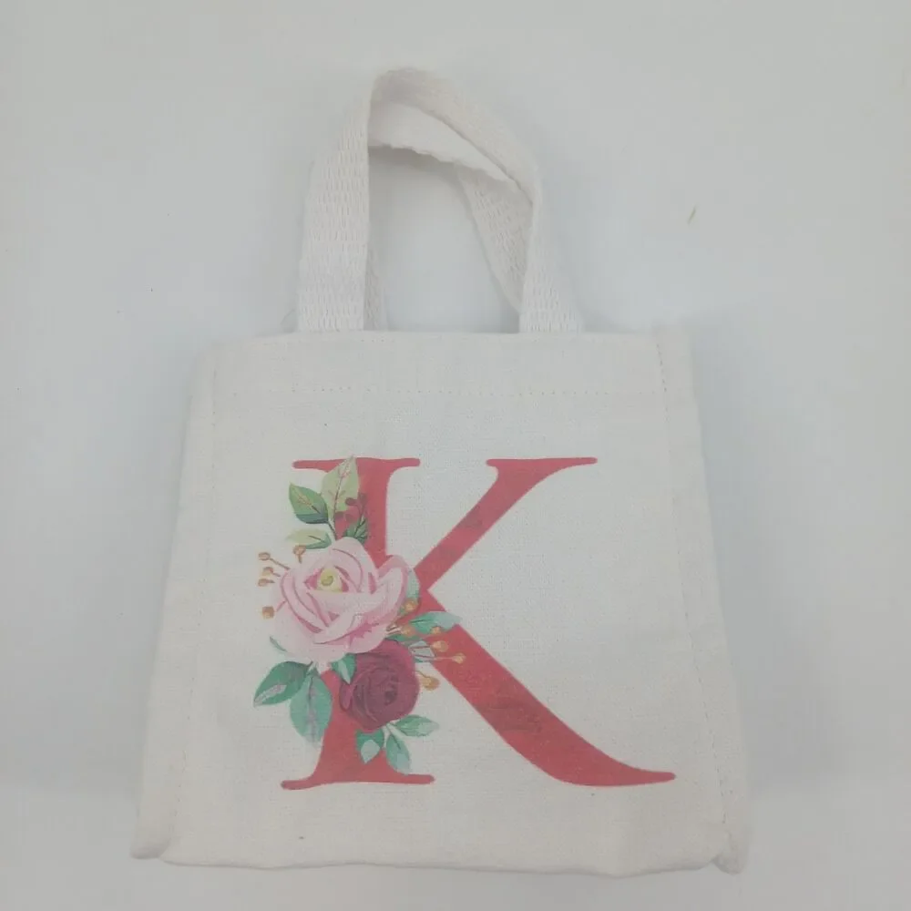 Monogram Letter K Floral Canvas Tote Bag White Cotton Market Purse gift bag